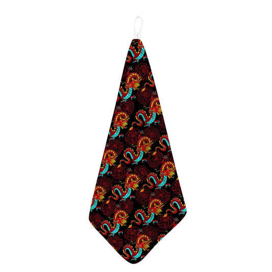 Red Dragon Lotus Pattern Print Hand Towel
