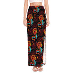 Red Dragon Lotus Pattern Print High Slit Maxi Skirt