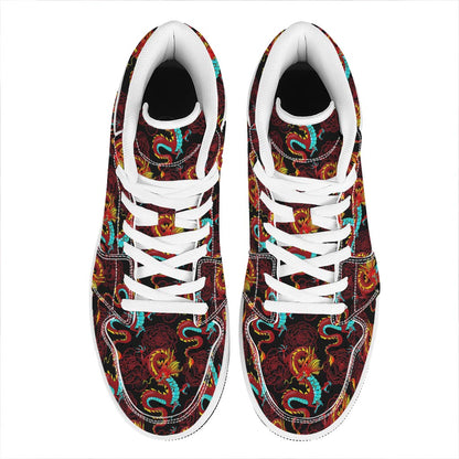 Red Dragon Lotus Pattern Print High Top Leather Sneakers