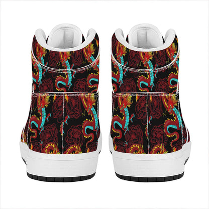 Red Dragon Lotus Pattern Print High Top Leather Sneakers