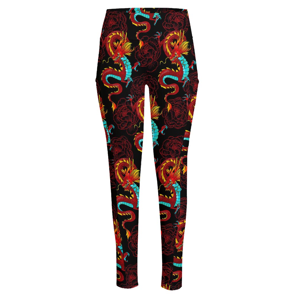 Red Dragon Lotus Pattern Print High-Waisted Pocket Leggings