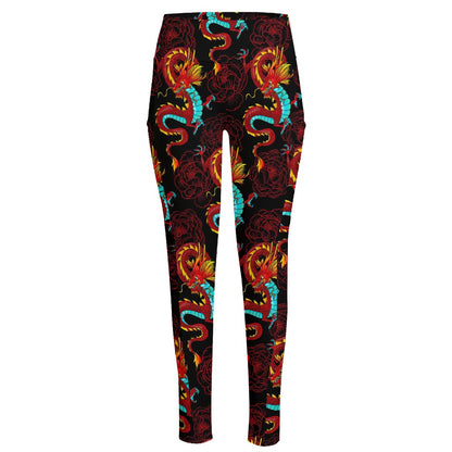 Red Dragon Lotus Pattern Print High-Waisted Pocket Leggings