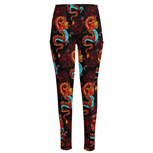 Red Dragon Lotus Pattern Print High-Waisted Pocket Leggings