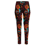 Red Dragon Lotus Pattern Print High-Waisted Pocket Leggings