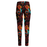 Red Dragon Lotus Pattern Print High-Waisted Pocket Leggings