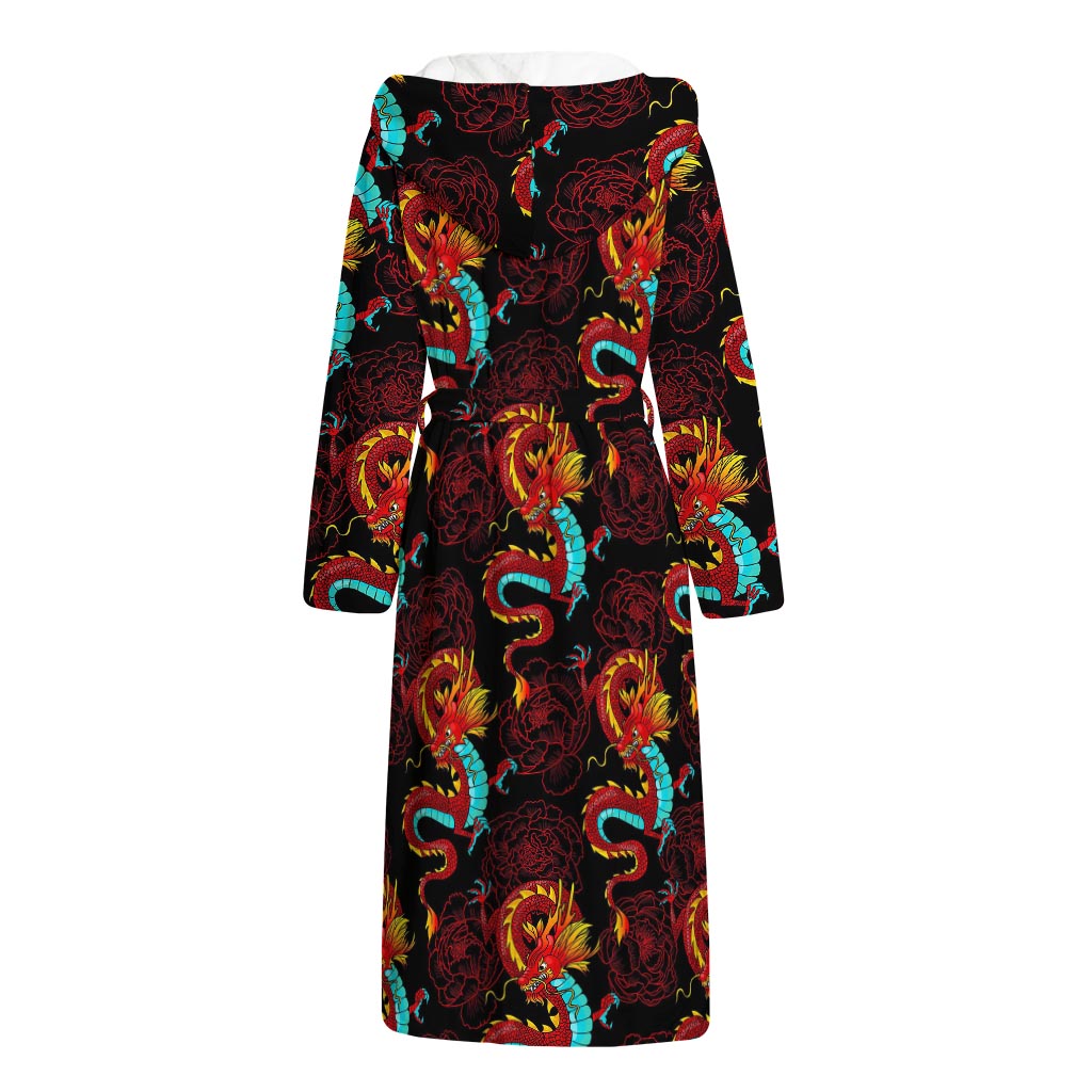 Red Dragon Lotus Pattern Print Hooded Bathrobe
