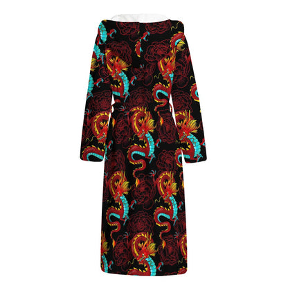 Red Dragon Lotus Pattern Print Hooded Bathrobe