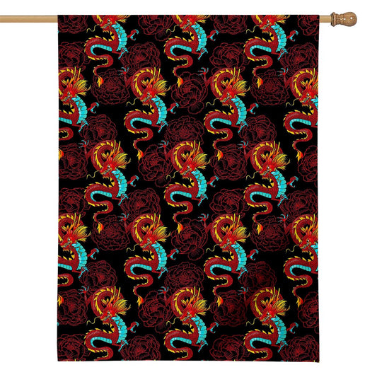 Red Dragon Lotus Pattern Print House Flag