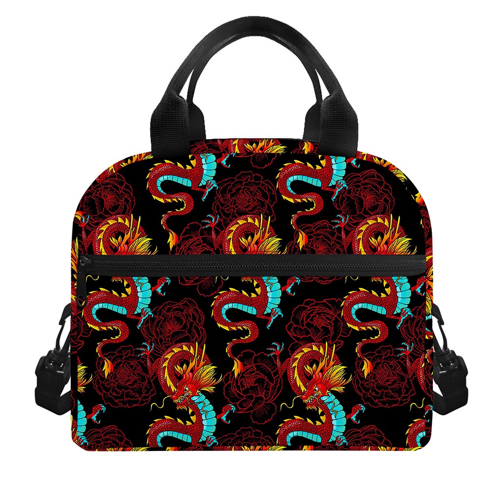 Red Dragon Lotus Pattern Print Insulated Lunch Bag