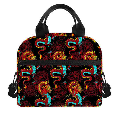 Red Dragon Lotus Pattern Print Insulated Lunch Bag