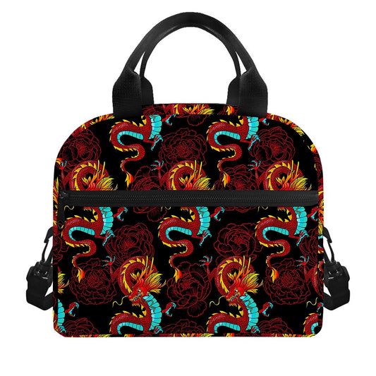 Red Dragon Lotus Pattern Print Insulated Lunch Bag