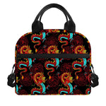 Red Dragon Lotus Pattern Print Insulated Lunch Bag