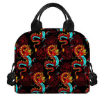Red Dragon Lotus Pattern Print Insulated Lunch Bag