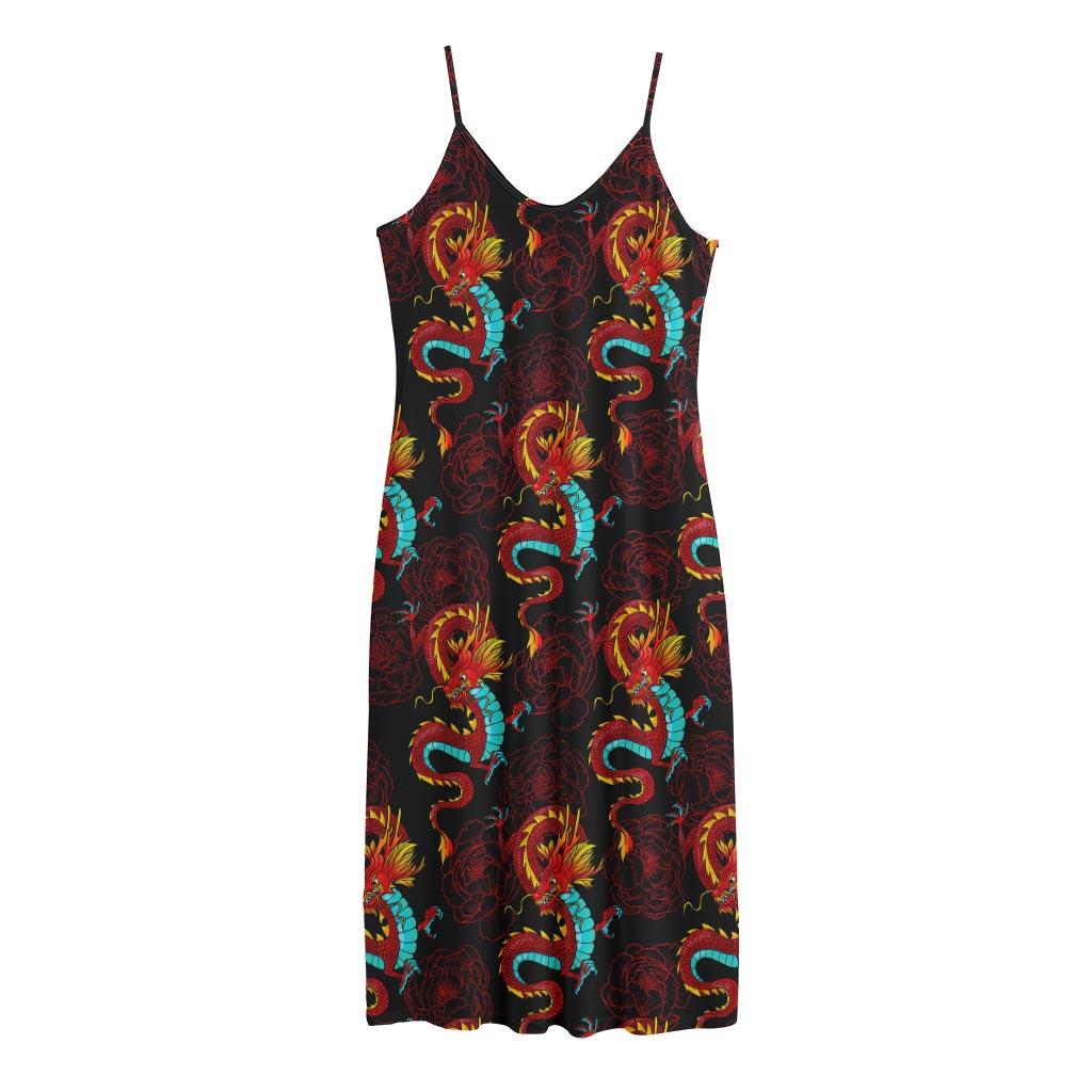 Red Dragon Lotus Pattern Print Jersey Midi Cami Dress