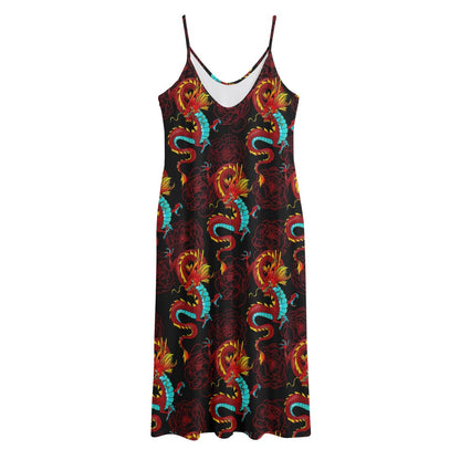 Red Dragon Lotus Pattern Print Jersey Midi Cami Dress