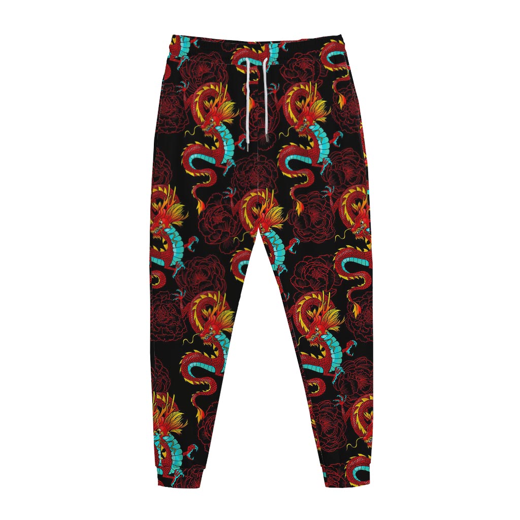 Red Dragon Lotus Pattern Print Jogger Pants