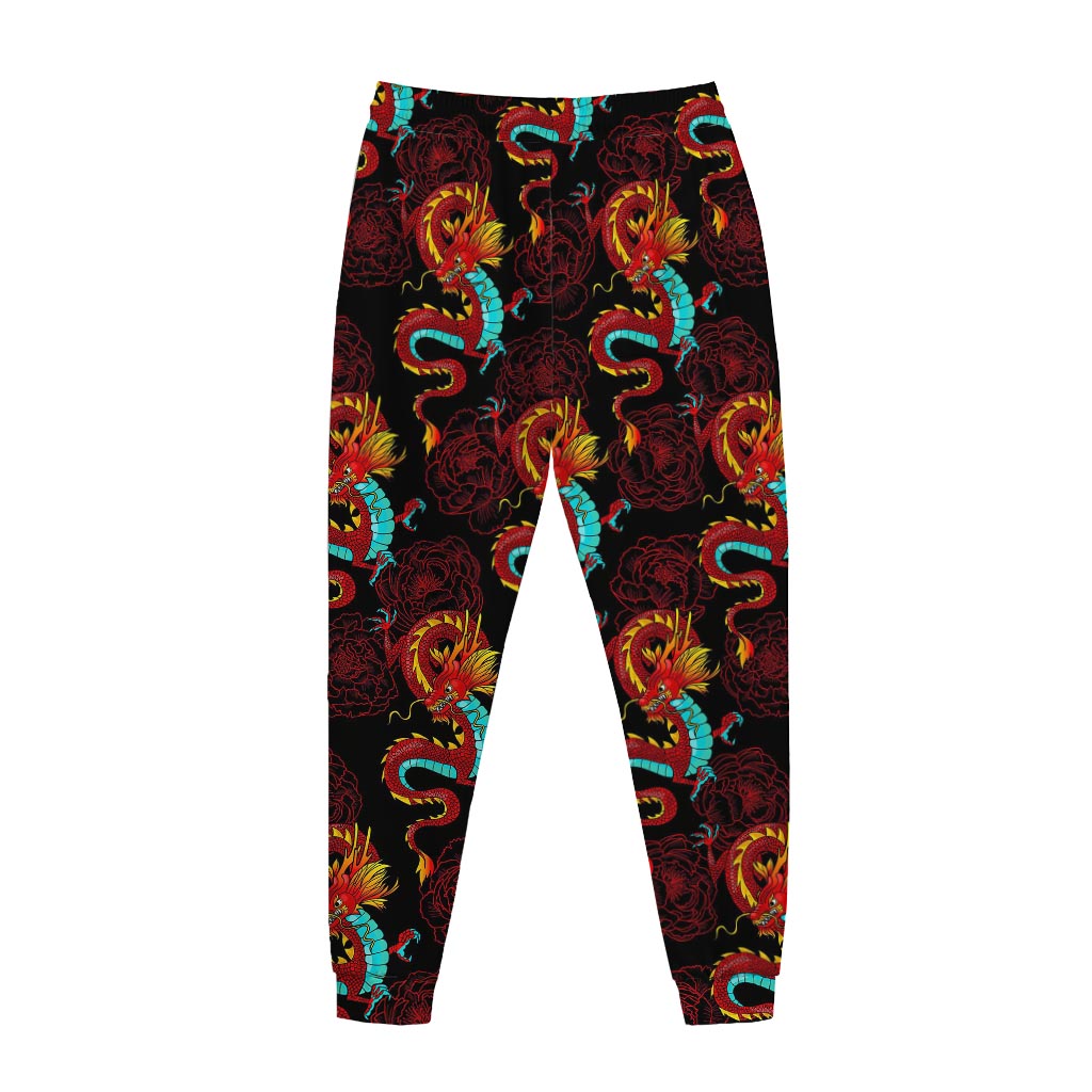 Red Dragon Lotus Pattern Print Jogger Pants