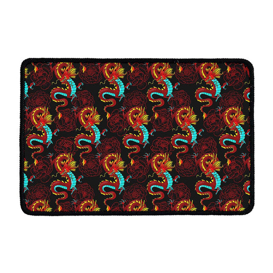 Red Dragon Lotus Pattern Print Kitchen Mat