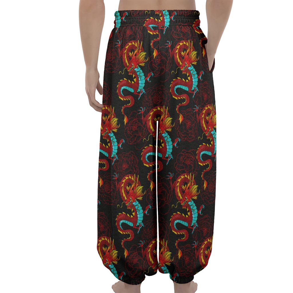 Red Dragon Lotus Pattern Print Lantern Pants