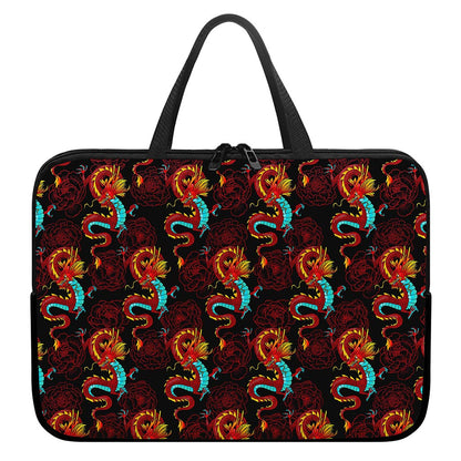 Red Dragon Lotus Pattern Print Laptop Sleeve With Handle