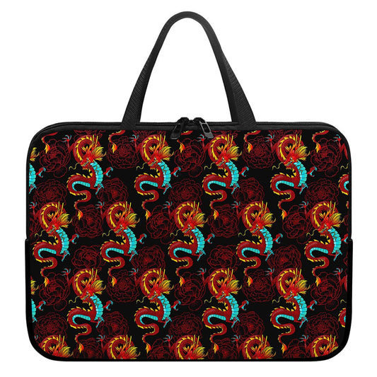 Red Dragon Lotus Pattern Print Laptop Sleeve With Handle