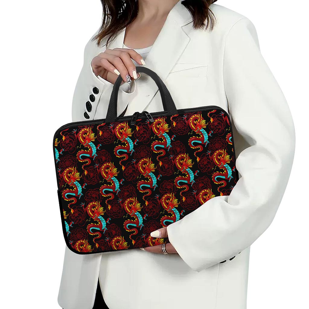 Red Dragon Lotus Pattern Print Laptop Sleeve With Handle