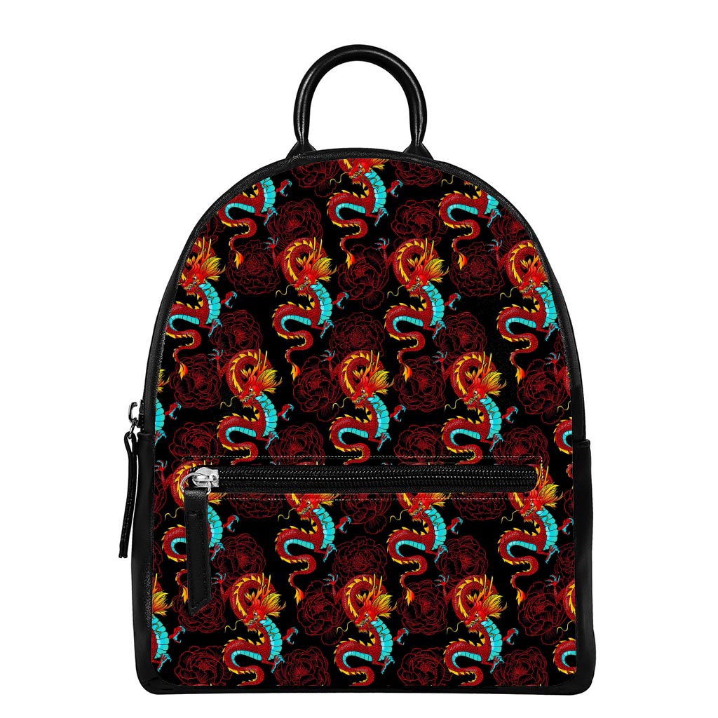 Red Dragon Lotus Pattern Print Leather Backpack