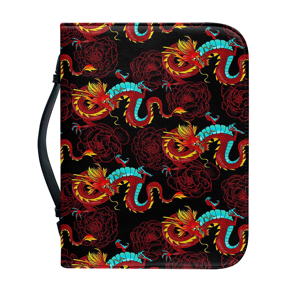 Red Dragon Lotus Pattern Print Leather Bible Cover