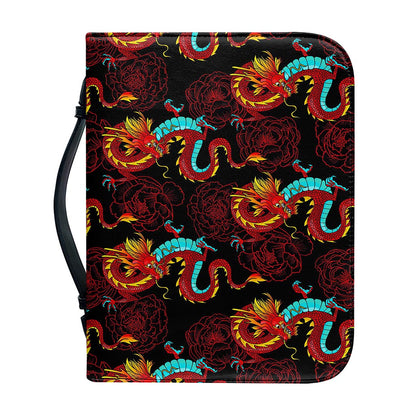 Red Dragon Lotus Pattern Print Leather Bible Cover