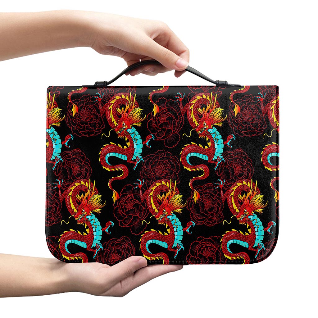 Red Dragon Lotus Pattern Print Leather Bible Cover