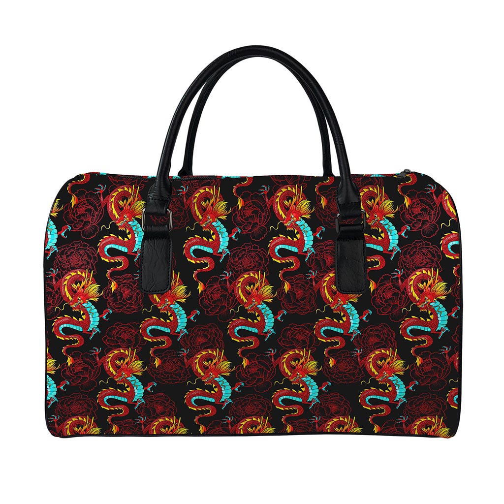 Red Dragon Lotus Pattern Print Leather Duffle Bag