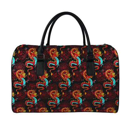 Red Dragon Lotus Pattern Print Leather Duffle Bag