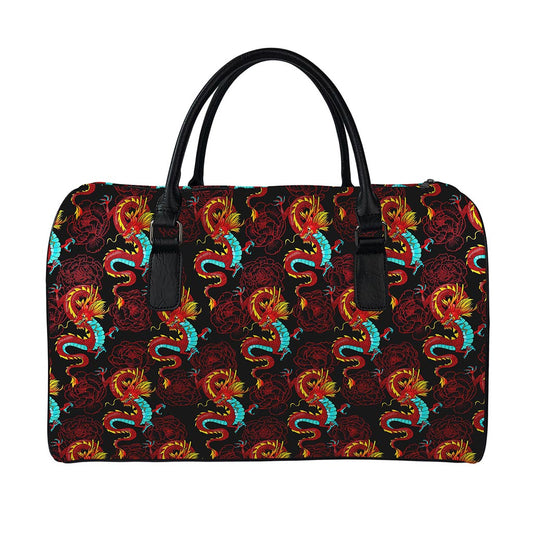 Red Dragon Lotus Pattern Print Leather Duffle Bag