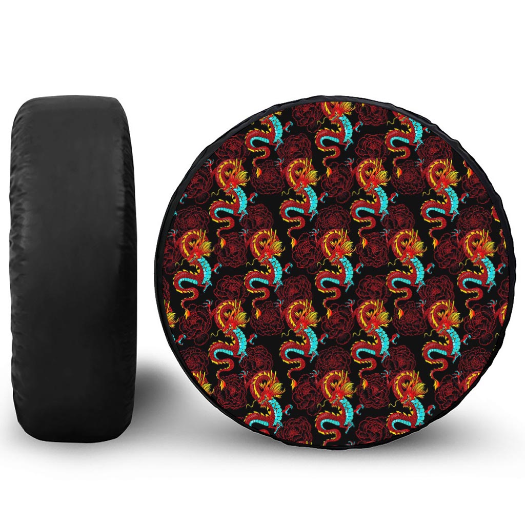 Red Dragon Lotus Pattern Print Leather Spare Tire Cover
