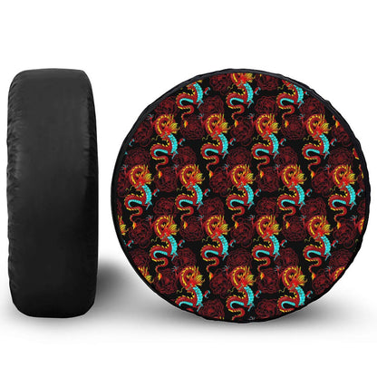 Red Dragon Lotus Pattern Print Leather Spare Tire Cover