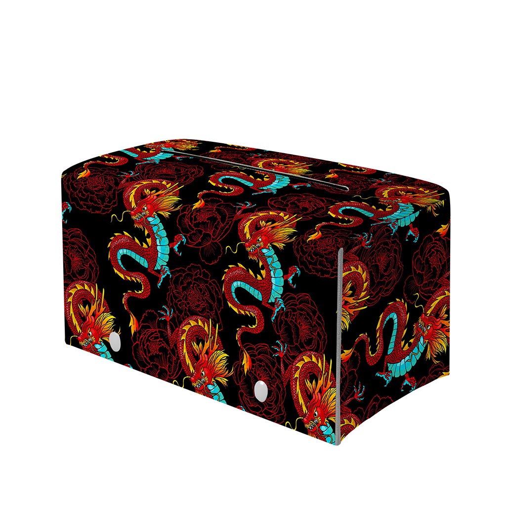 Red Dragon Lotus Pattern Print Leather Tissue Box Cover