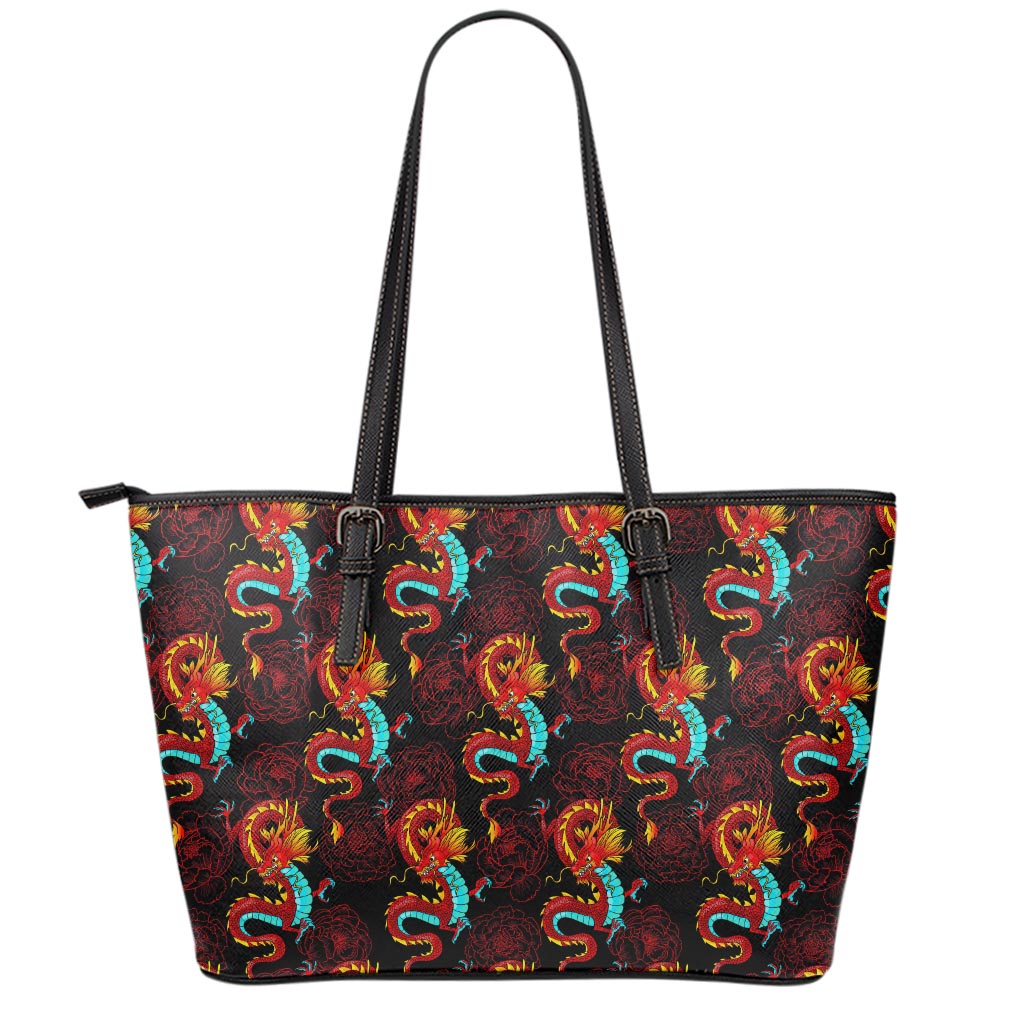 Red Dragon Lotus Pattern Print Leather Tote Bag