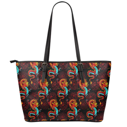 Red Dragon Lotus Pattern Print Leather Tote Bag