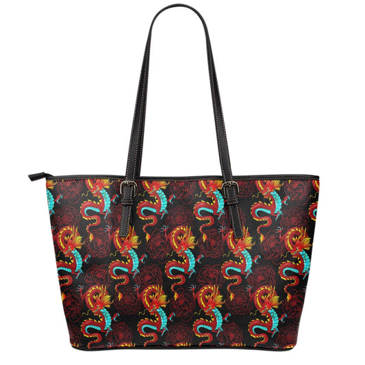 Red Dragon Lotus Pattern Print Leather Tote Bag