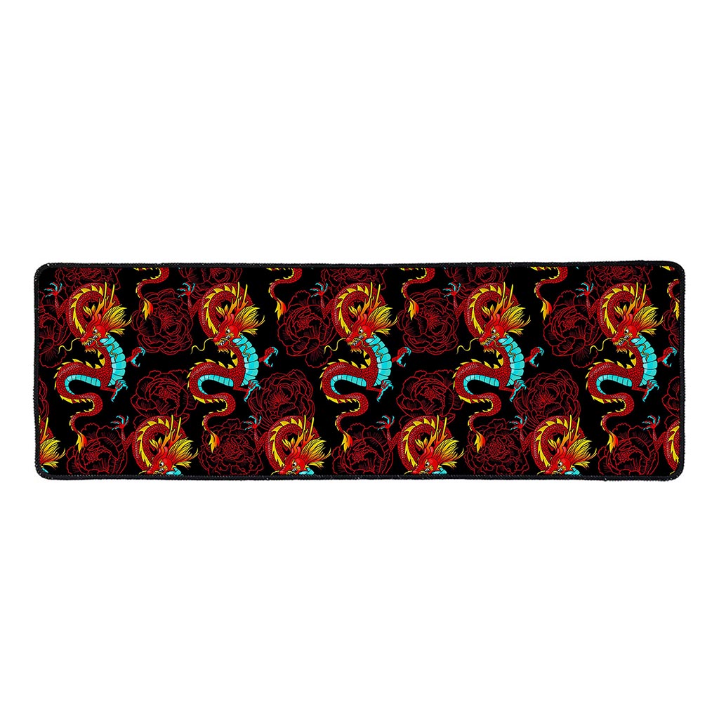 Red Dragon Lotus Pattern Print Long Kitchen Mat