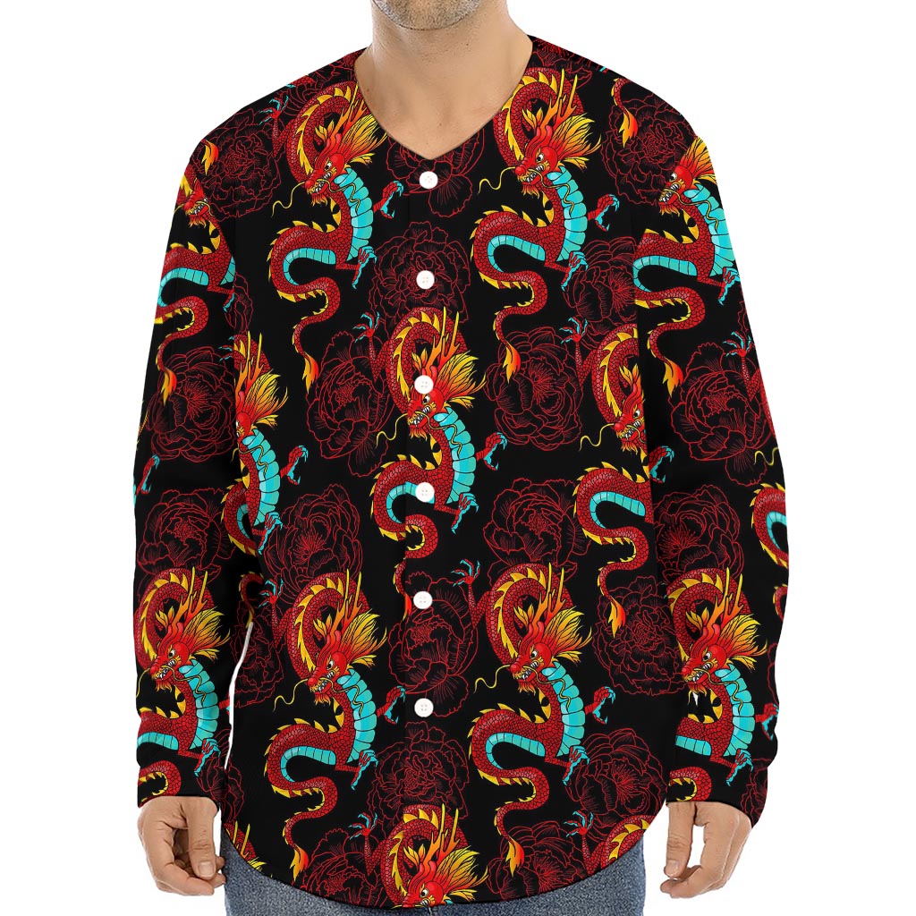 Red Dragon Lotus Pattern Print Long Sleeve Baseball Jersey