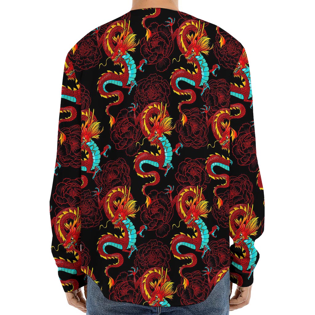 Red Dragon Lotus Pattern Print Long Sleeve Baseball Jersey