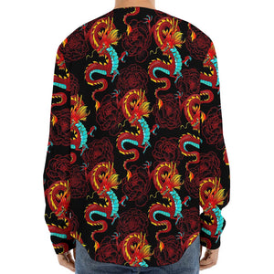 Red Dragon Lotus Pattern Print Long Sleeve Baseball Jersey