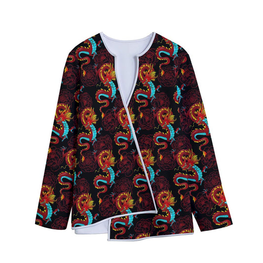 Red Dragon Lotus Pattern Print Long Sleeve Short Coat