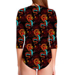 Red Dragon Lotus Pattern Print Long Sleeve Swimsuit
