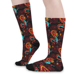 Red Dragon Lotus Pattern Print Long Socks