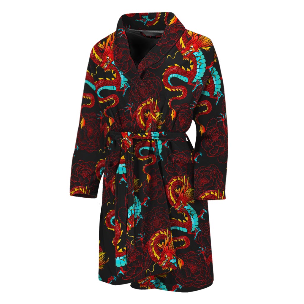Red Dragon Lotus Pattern Print Men's Bathrobe