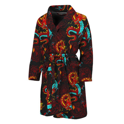 Red Dragon Lotus Pattern Print Men's Bathrobe