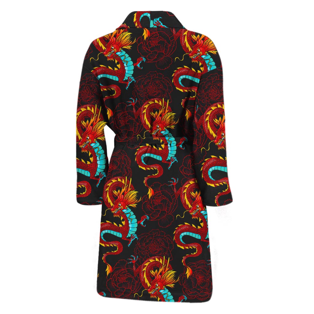 Red Dragon Lotus Pattern Print Men's Bathrobe