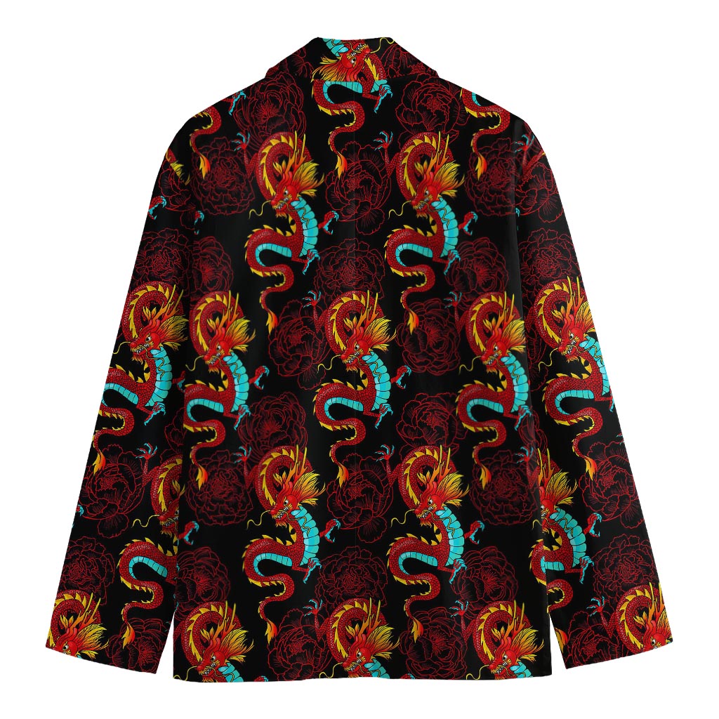 Red Dragon Lotus Pattern Print Men's Blazer